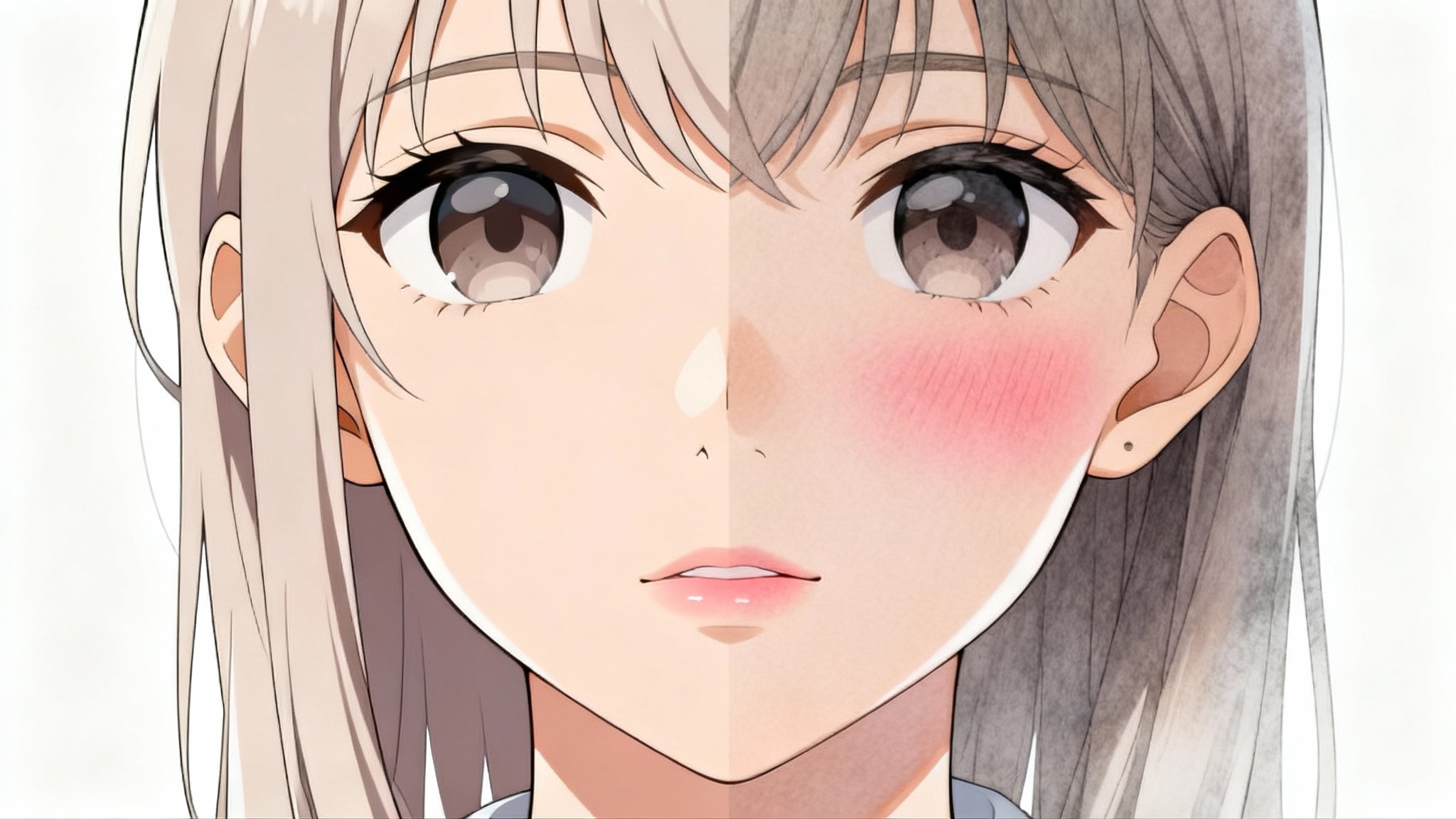 A close-up portrait of an anime character's face, split in half to show a before and after of skin shading. The left side has flat colors, and the right side is fully rendered with professional shadows and highlights, giving it a 3D effect.