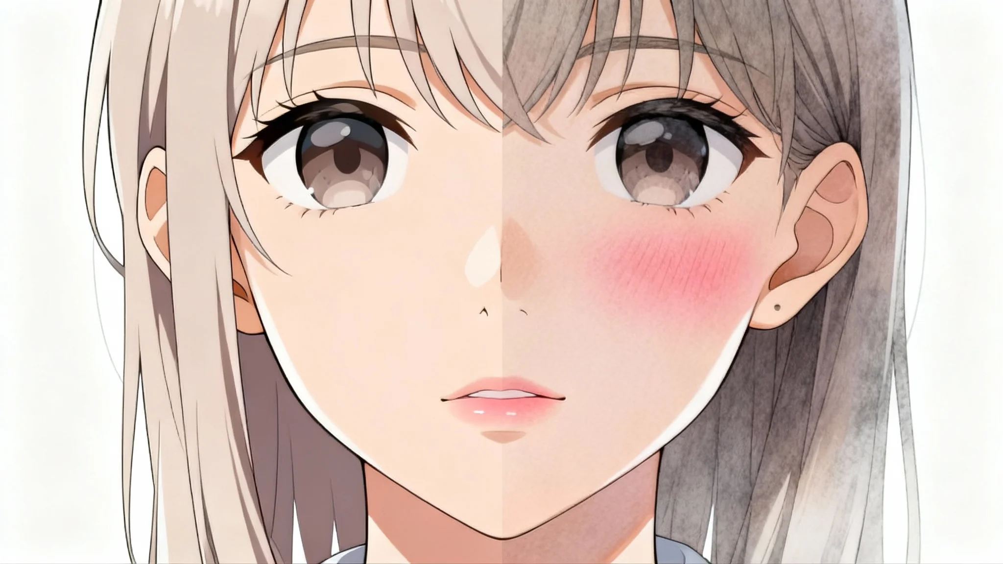A close-up portrait of an anime character's face, split in half to show a before and after of skin shading. The left side has flat colors, and the right side is fully rendered with professional shadows and highlights, giving it a 3D effect.