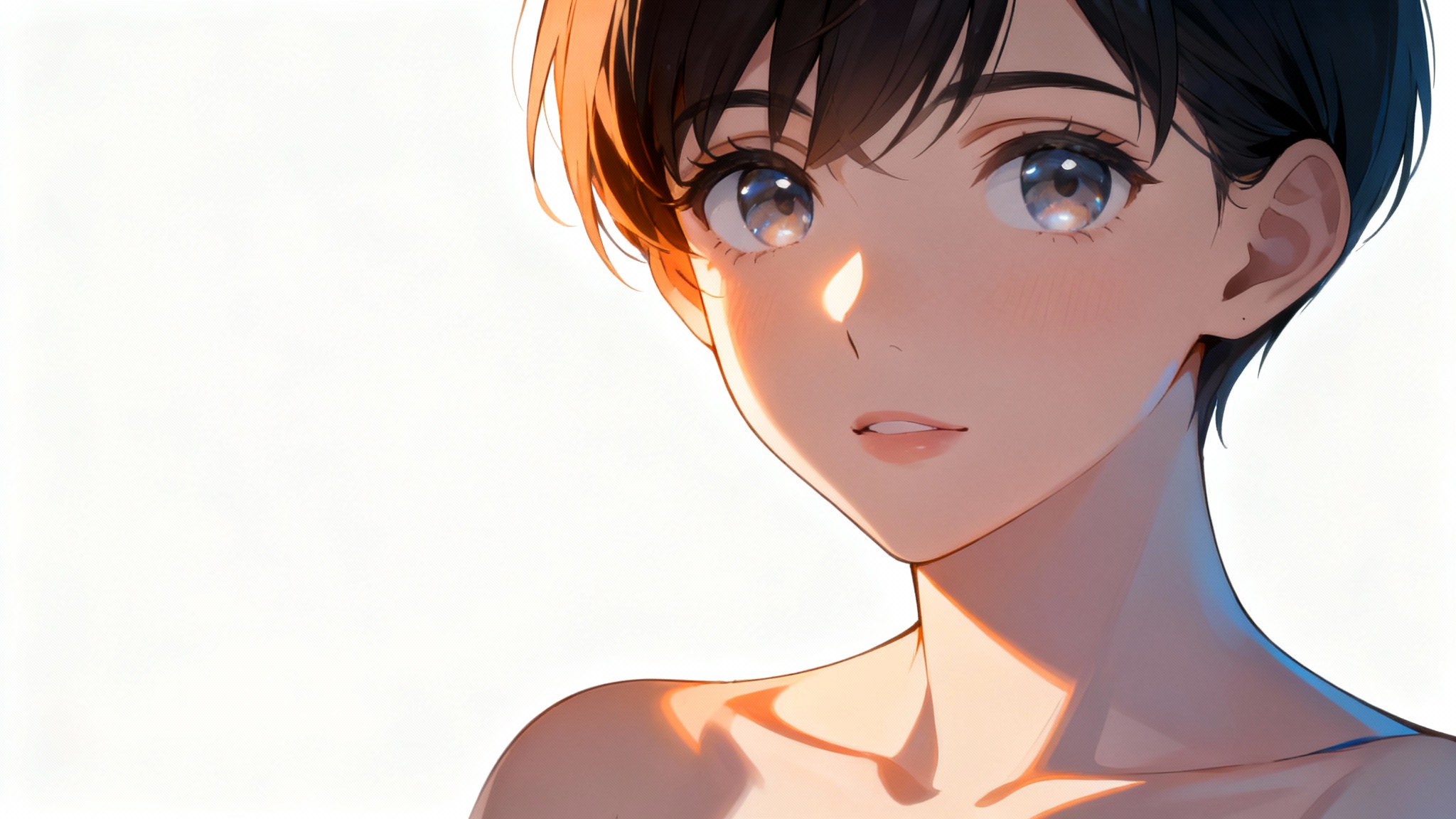 A close-up digital illustration of an anime character's face, showcasing detailed and soft shading on the skin from a light source on the side, set against a plain white background.