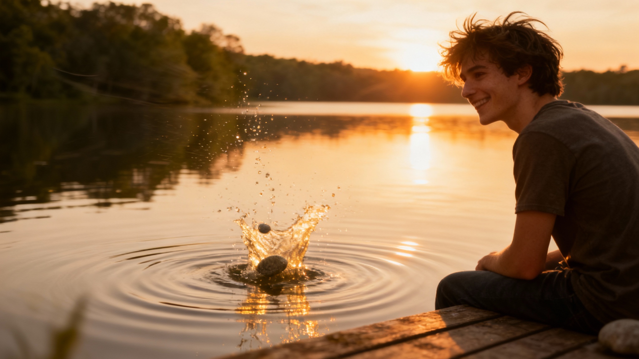 An image demonstrating an animation effect: a young man on a dock at sunset has just tossed a pebble into a lake, creating a visible splash and ripples. The surrounding trees are blurred to show movement.