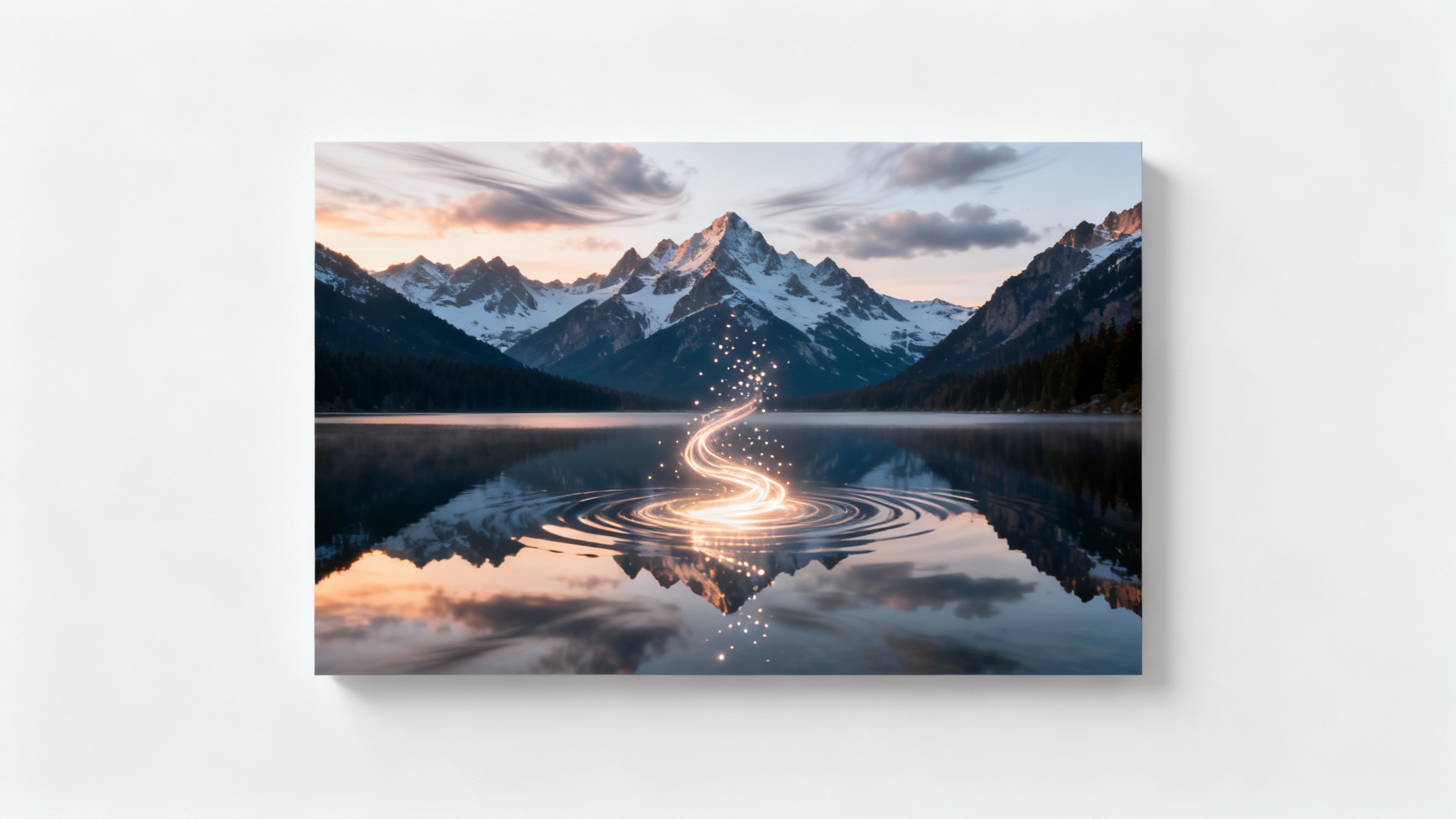 A conceptual image demonstrating a still photo being animated. The photo of a calm mountain lake shows glowing light trails rising from the water, creating ripples and adding motion blur to the clouds, symbolizing the transformation from static to animated.
