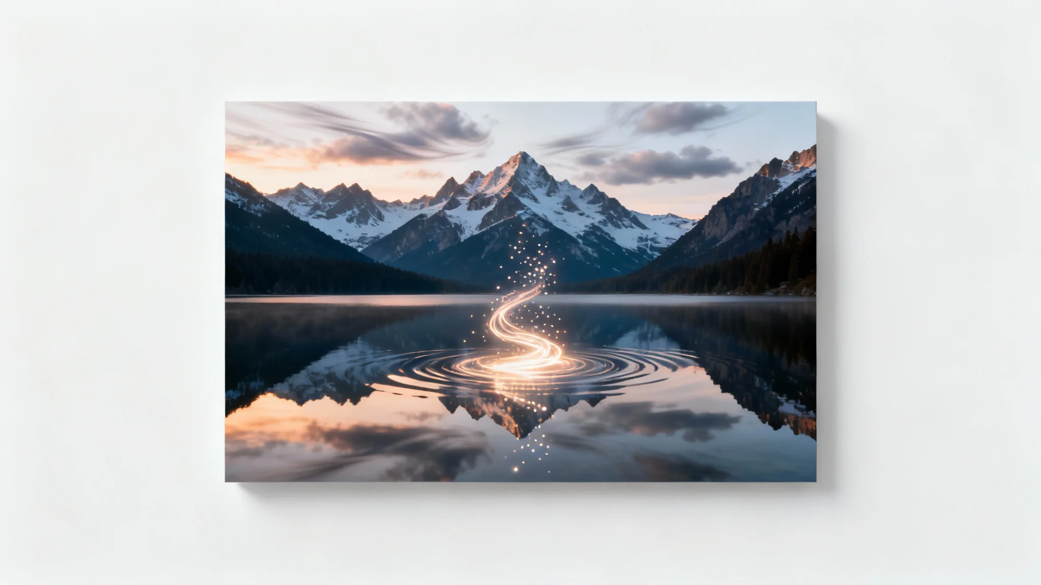 A conceptual image demonstrating a still photo being animated. The photo of a calm mountain lake shows glowing light trails rising from the water, creating ripples and adding motion blur to the clouds, symbolizing the transformation from static to animated.