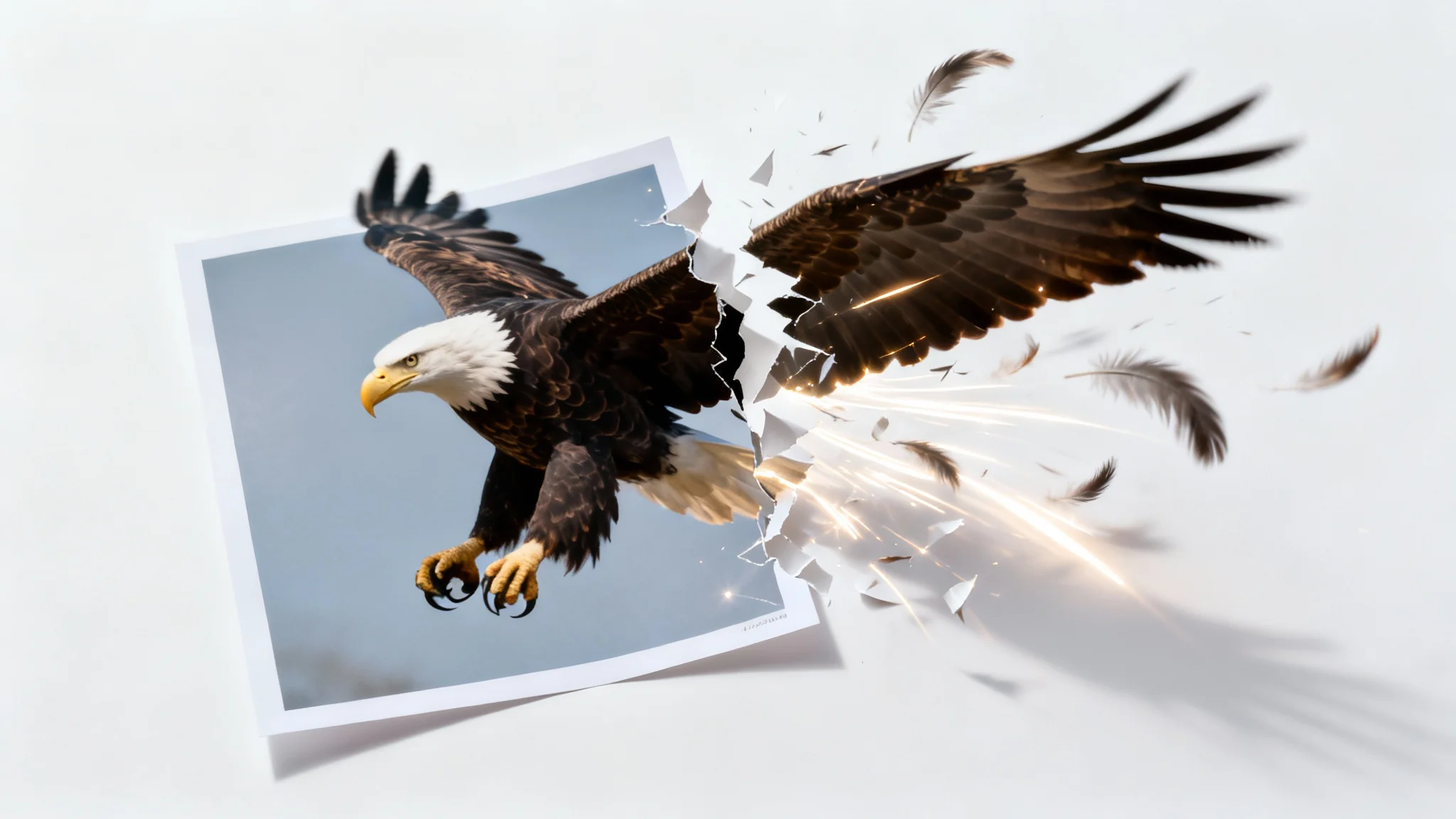 A photograph of an eagle in flight, where one half is a still image and the other is animated with motion blur and light effects, demonstrating the concept of animating a still image.
