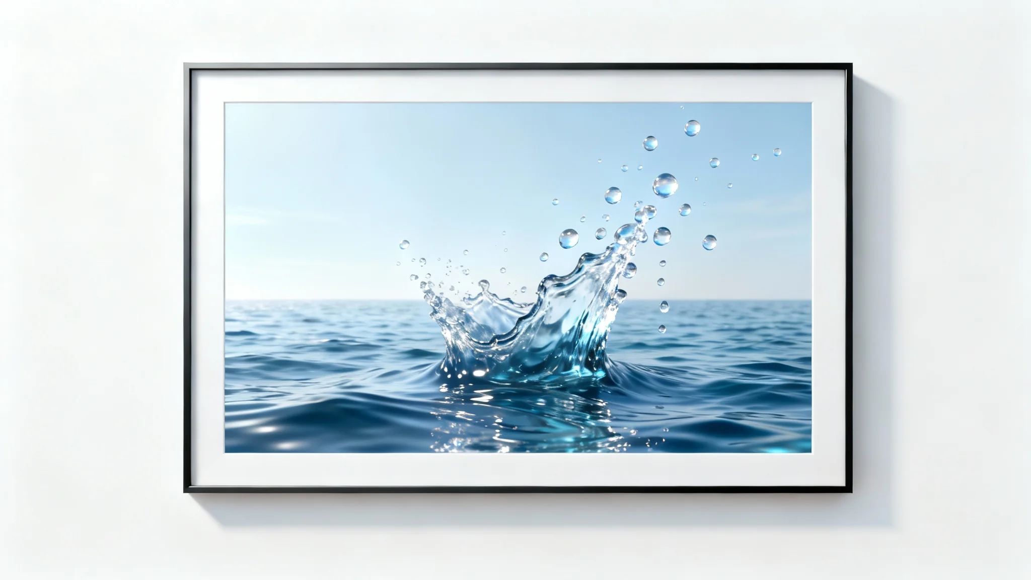 A framed photograph of an ocean from which a realistic 3D splash of water is erupting, symbolizing the animation of a still image.