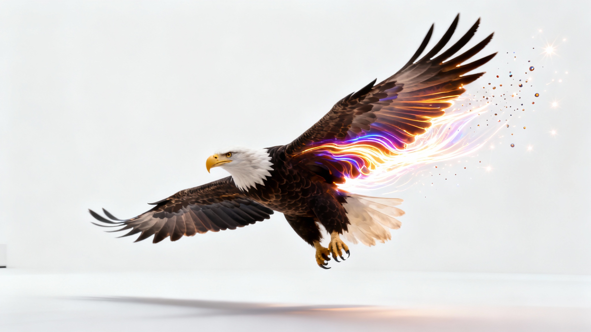 A concept image showing a still photo of an eagle in flight being animated. One wing is a crisp photograph, while the other dissolves into colorful motion streaks against a white background, illustrating the idea of bringing a still image to life.