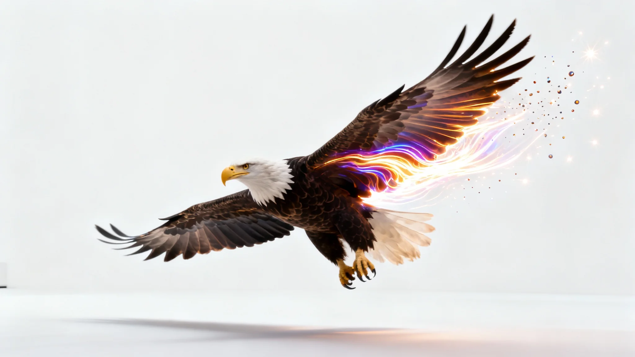 A concept image showing a still photo of an eagle in flight being animated. One wing is a crisp photograph, while the other dissolves into colorful motion streaks against a white background, illustrating the idea of bringing a still image to life.