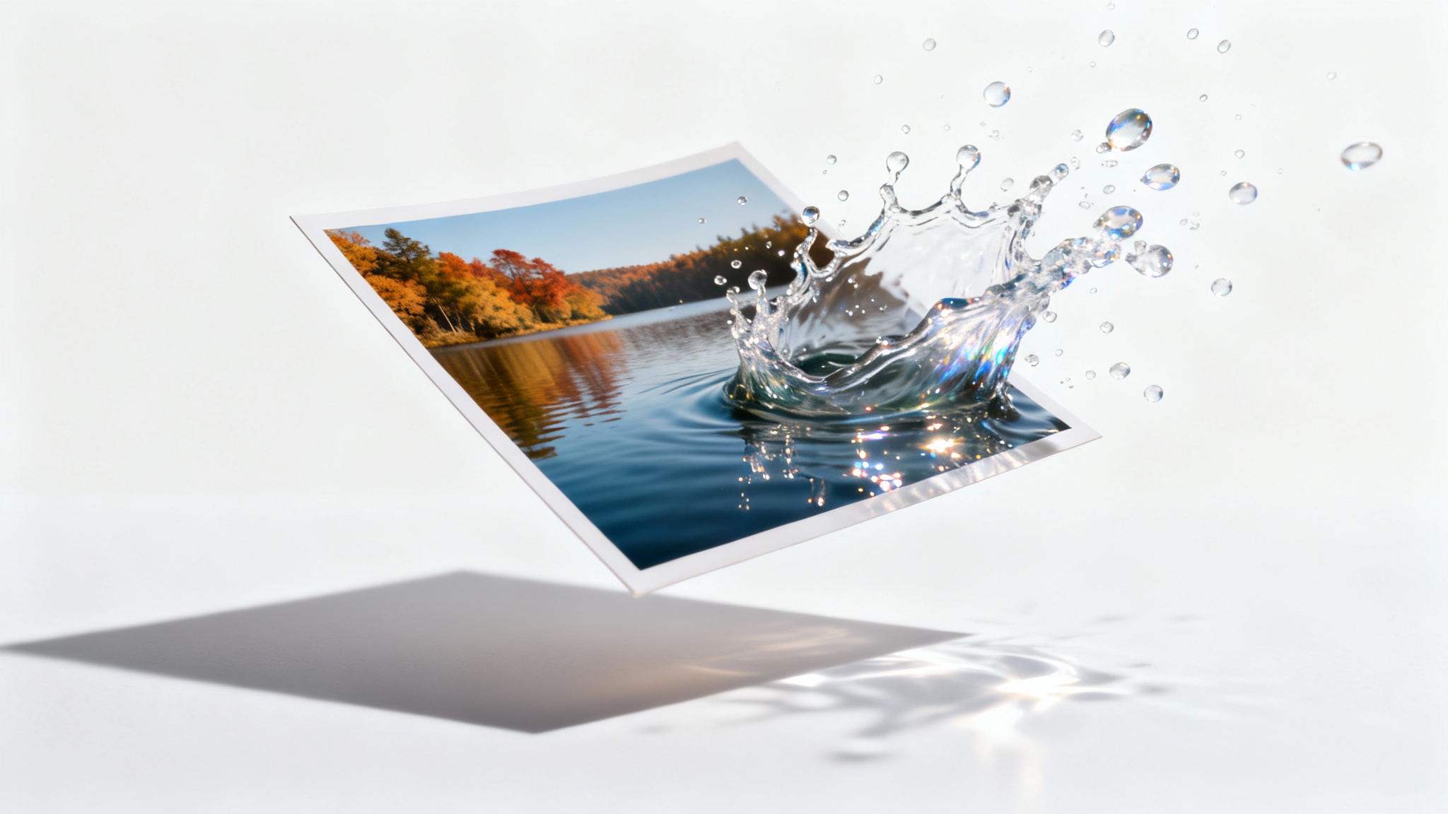 A photograph of a calm lake is shown against a white background, with a dynamic, three-dimensional splash of water erupting from the lake's surface and breaking the plane of the photo, symbolizing a still image being animated.