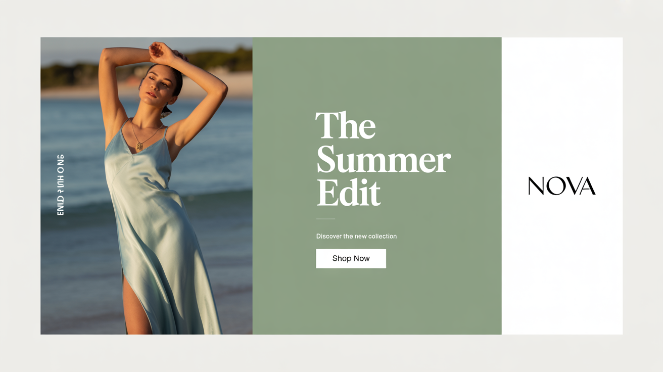 A professionally designed email banner for a fashion brand, showing a model on one side and the text 'The Summer Edit' and a 'Shop Now' button on the other.