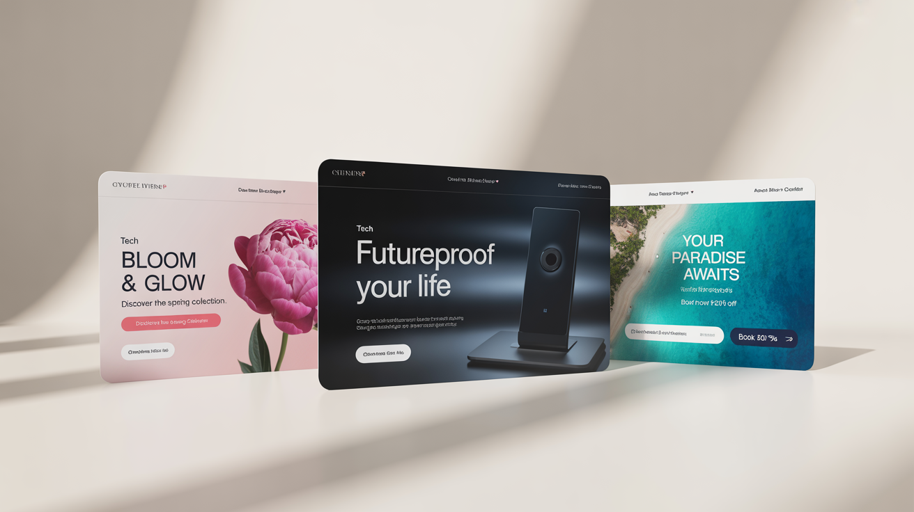 A mockup of three professional email banners for different industries, cosmetics, tech, and travel, arranged neatly on a white background to showcase design variety.