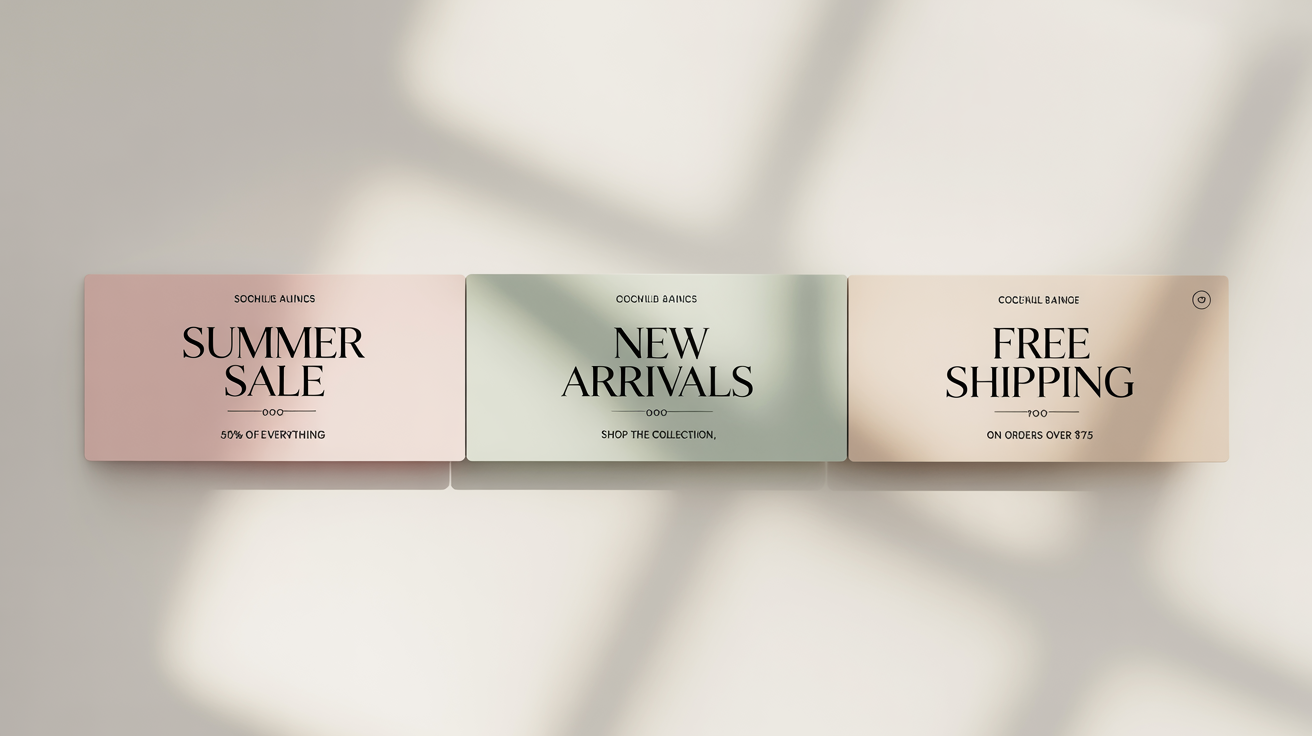 A mockup displaying three modern and minimalist email banners for a summer sale, new arrivals, and free shipping promotion, set against a clean white background.