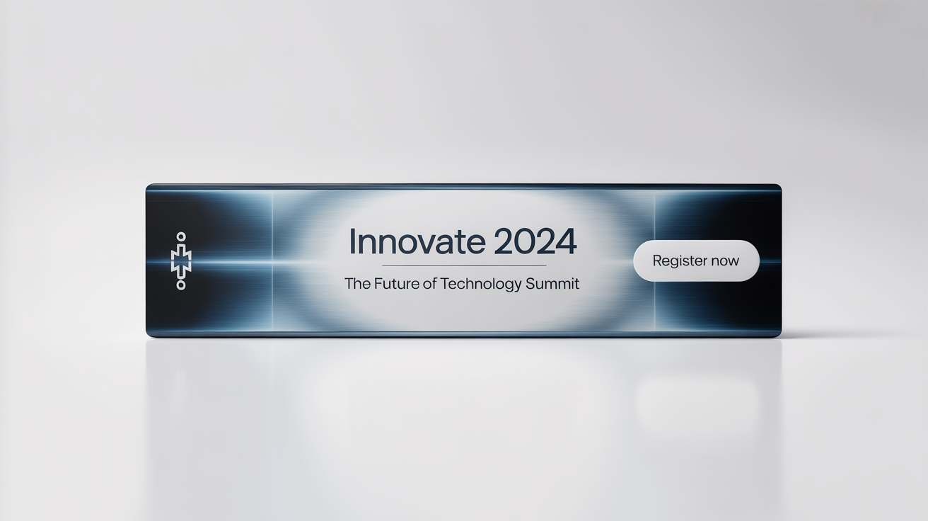 A professional email banner mockup for a tech conference called 'Innovate 2024'. The design is modern and blue, with a 'Register Now' button, all shown against a white background.