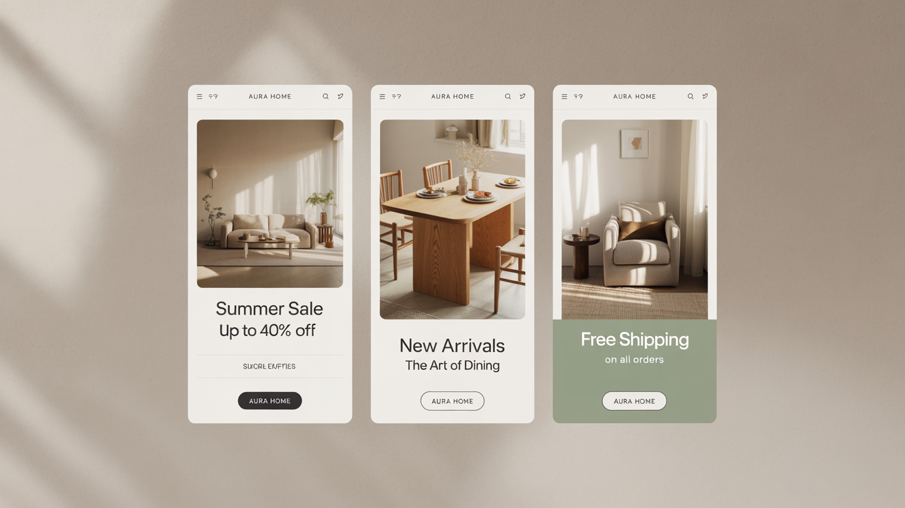 A mockup of three professionally designed email banners for a modern furniture brand, arranged vertically against a clean white background. The banners advertise a summer sale, new dining arrivals, and free shipping.