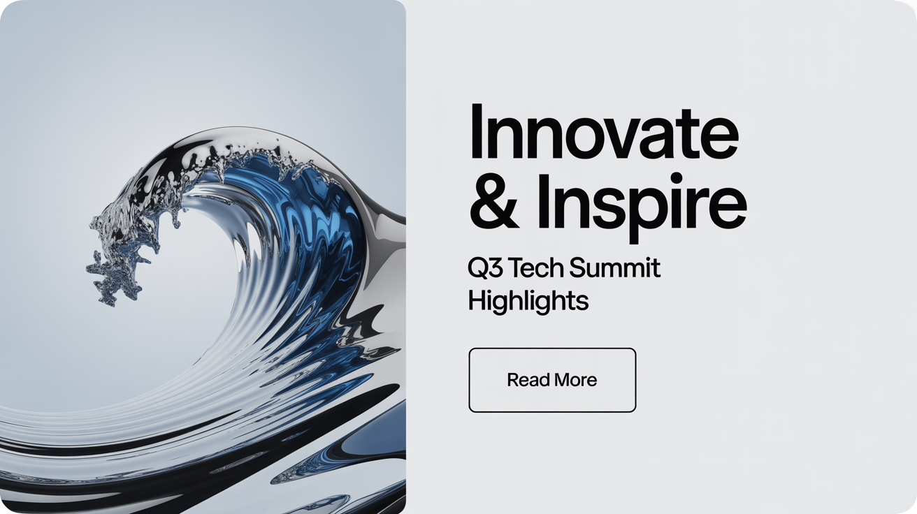 A professional email banner mockup with a blue and silver abstract graphic on the left. Text on the right reads 'Innovate & Inspire', 'Q3 Tech Summit Highlights', and a button says 'Read More'. The background is white.