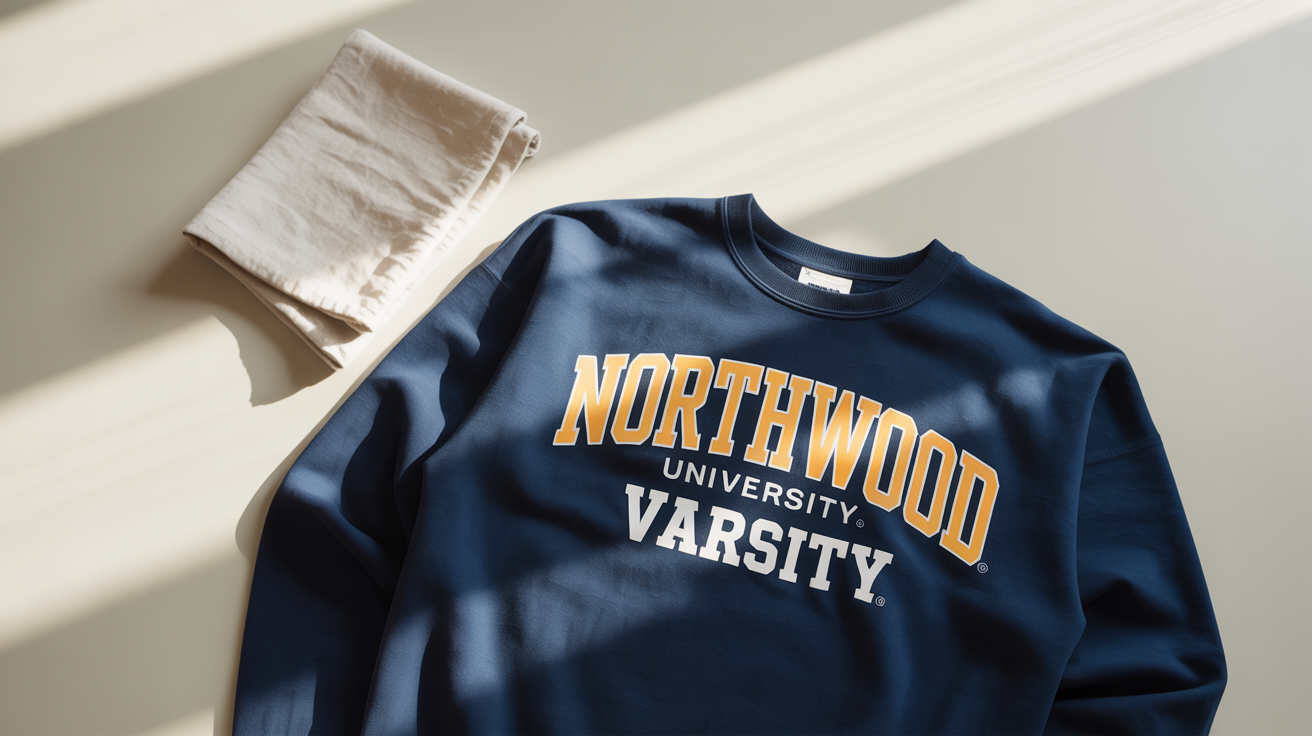 A professionally photographed navy blue college sweatshirt with a gold and white 'Northwood University Varsity' logo, presented in a clean flat lay style on a white background.