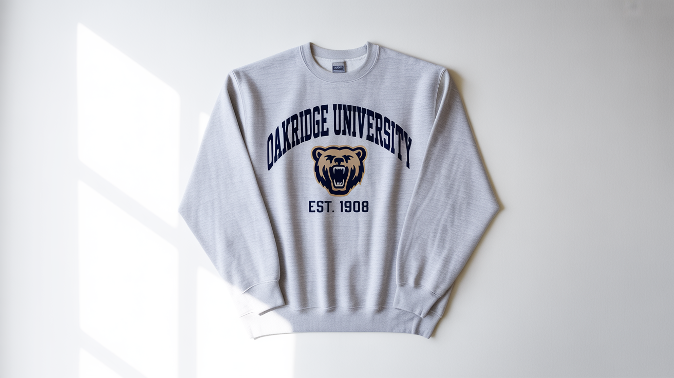 A product mockup of a heather gray college sweatshirt for 'Oakridge University', featuring a bear logo, laid flat on a white background.