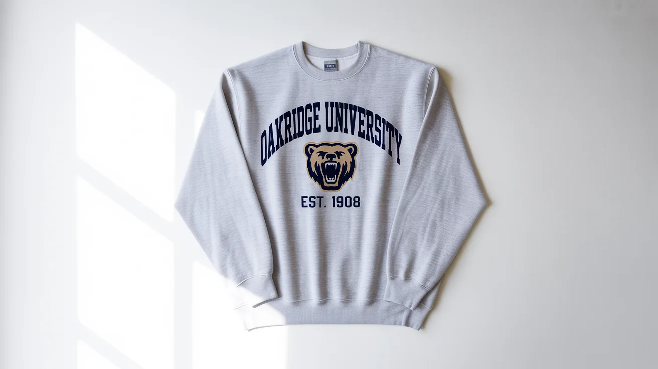 A product mockup of a heather gray college sweatshirt for 'Oakridge University', featuring a bear logo, laid flat on a white background.