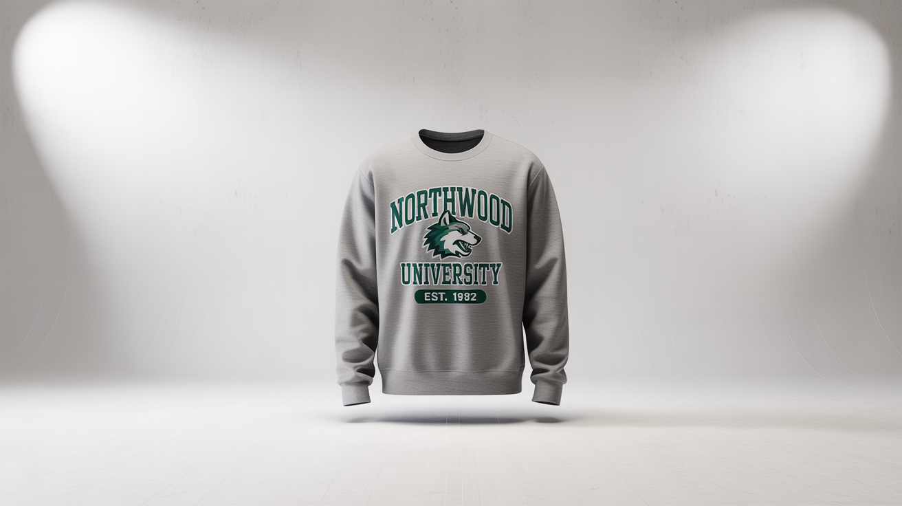 A heather gray college sweatshirt laid flat on a white background. It features a design with a wolf mascot and the words 'NORTHWOOD UNIVERSITY' and 'EST. 1982'.