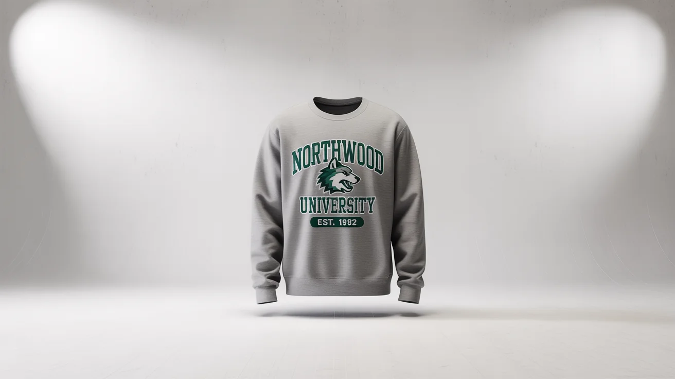 A heather gray college sweatshirt laid flat on a white background. It features a design with a wolf mascot and the words 'NORTHWOOD UNIVERSITY' and 'EST. 1982'.