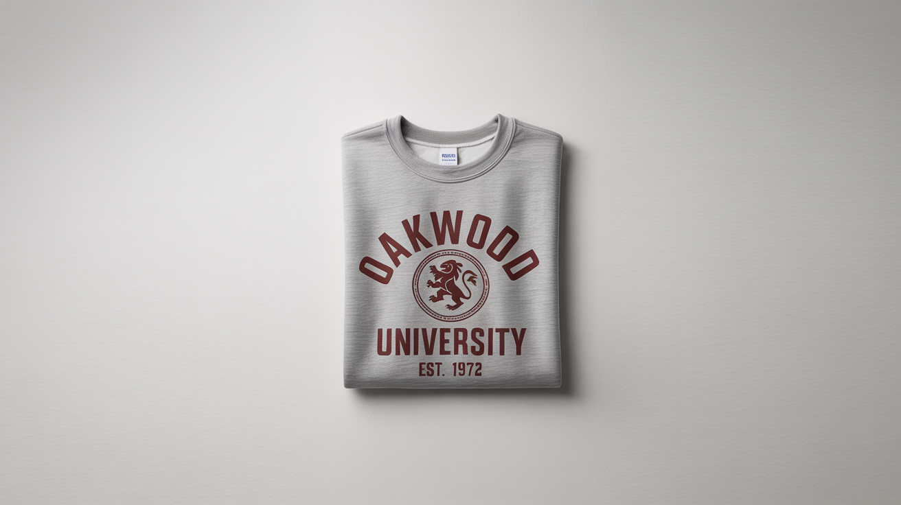 A folded heather grey college sweatshirt with a 'Oakwood University' lion crest design, displayed as a product mockup on a white background.
