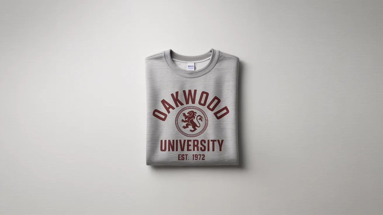 A folded heather grey college sweatshirt with a 'Oakwood University' lion crest design, displayed as a product mockup on a white background.