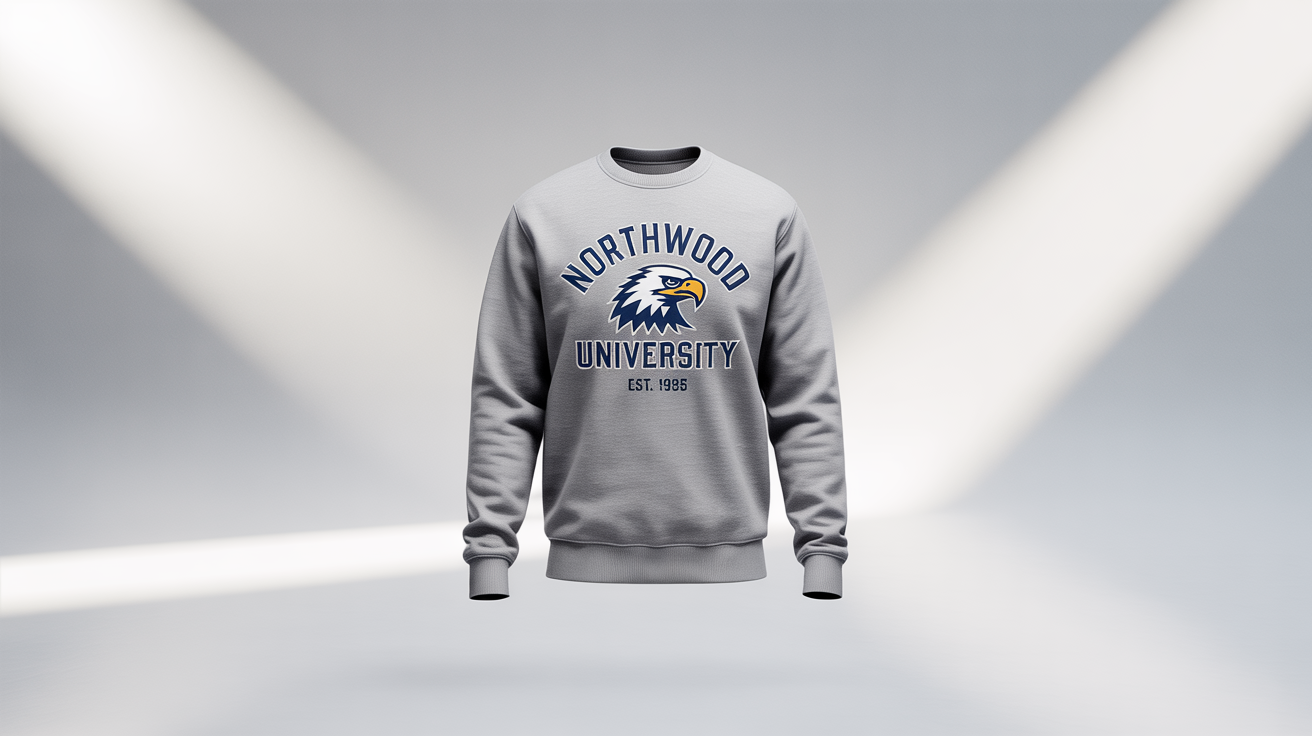 A photorealistic mockup of a heather grey college sweatshirt for 'Northwood University' with an eagle mascot, laid flat on a clean white background.