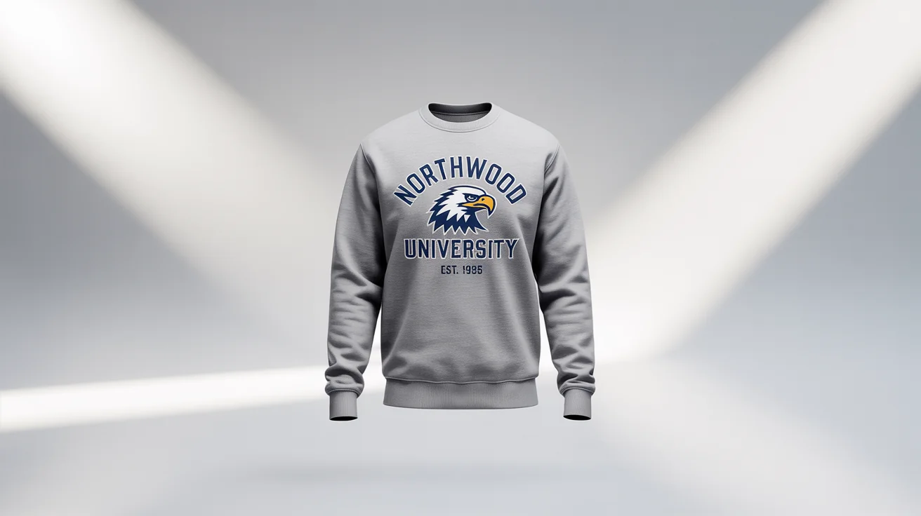 A photorealistic mockup of a heather grey college sweatshirt for 'Northwood University' with an eagle mascot, laid flat on a clean white background.