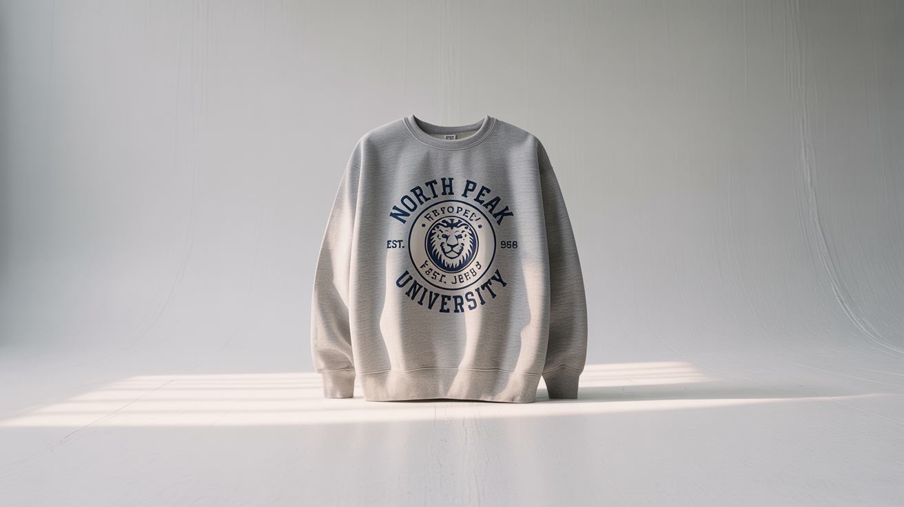 A product mockup of a heather gray college sweatshirt from the fictional 'North Peak University' laid flat on a white background.