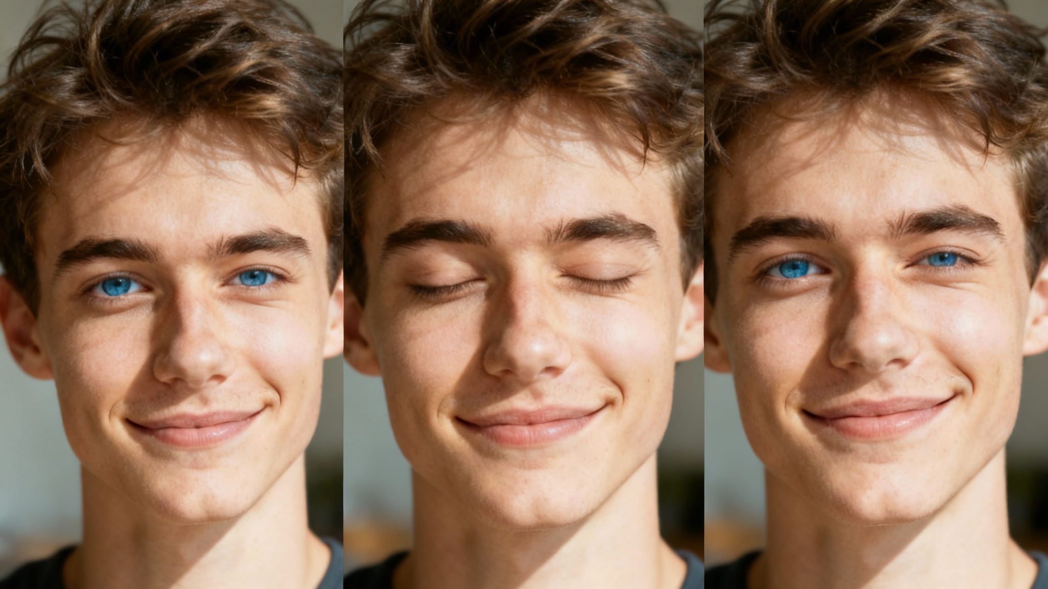 A sequence of three photorealistic images showing a young man's eye blink: eyes open, eyes closed, and eyes open again, representing the final output of an eye blink animation tool.