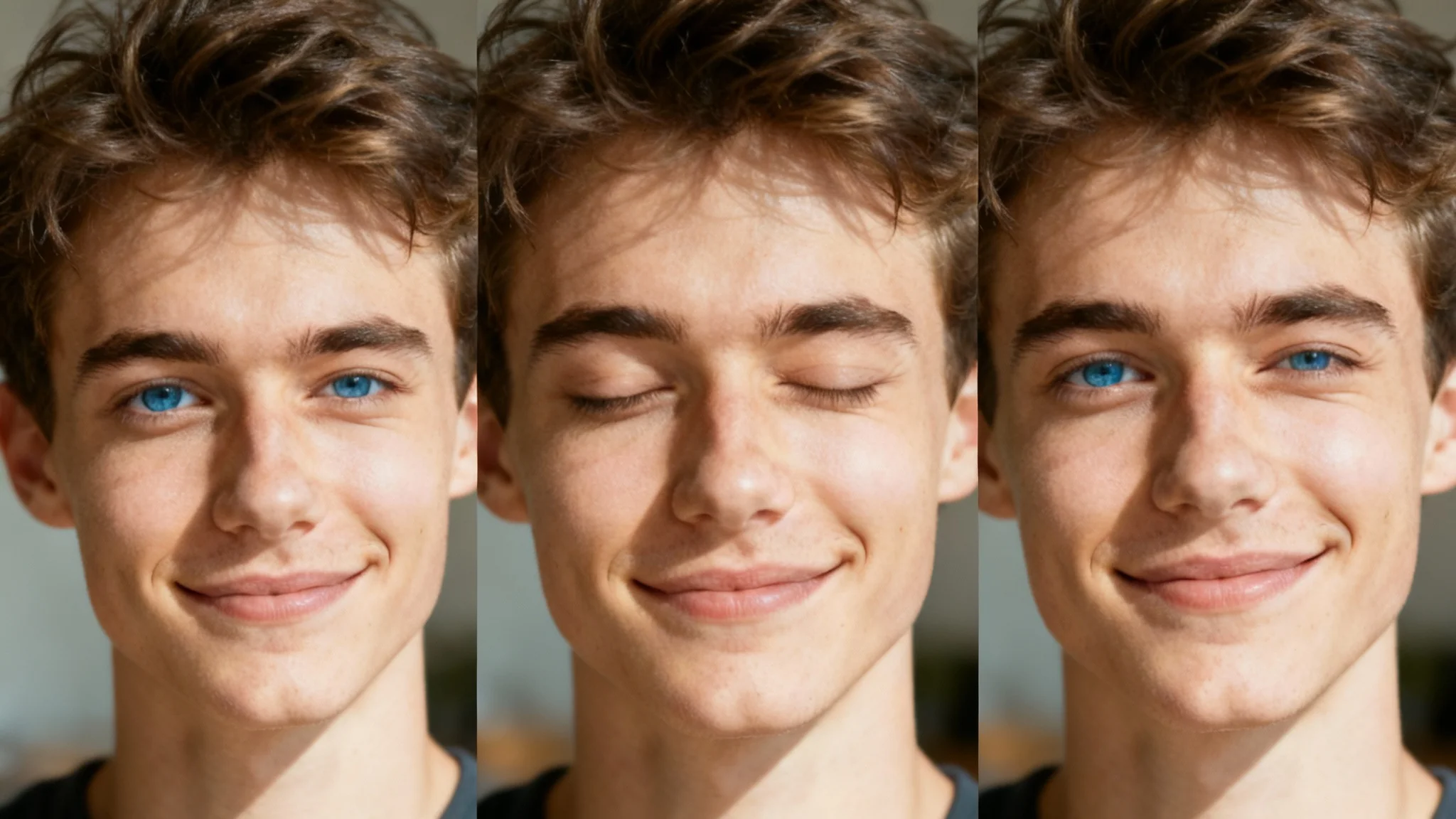 A sequence of three photorealistic images showing a young man's eye blink: eyes open, eyes closed, and eyes open again, representing the final output of an eye blink animation tool.