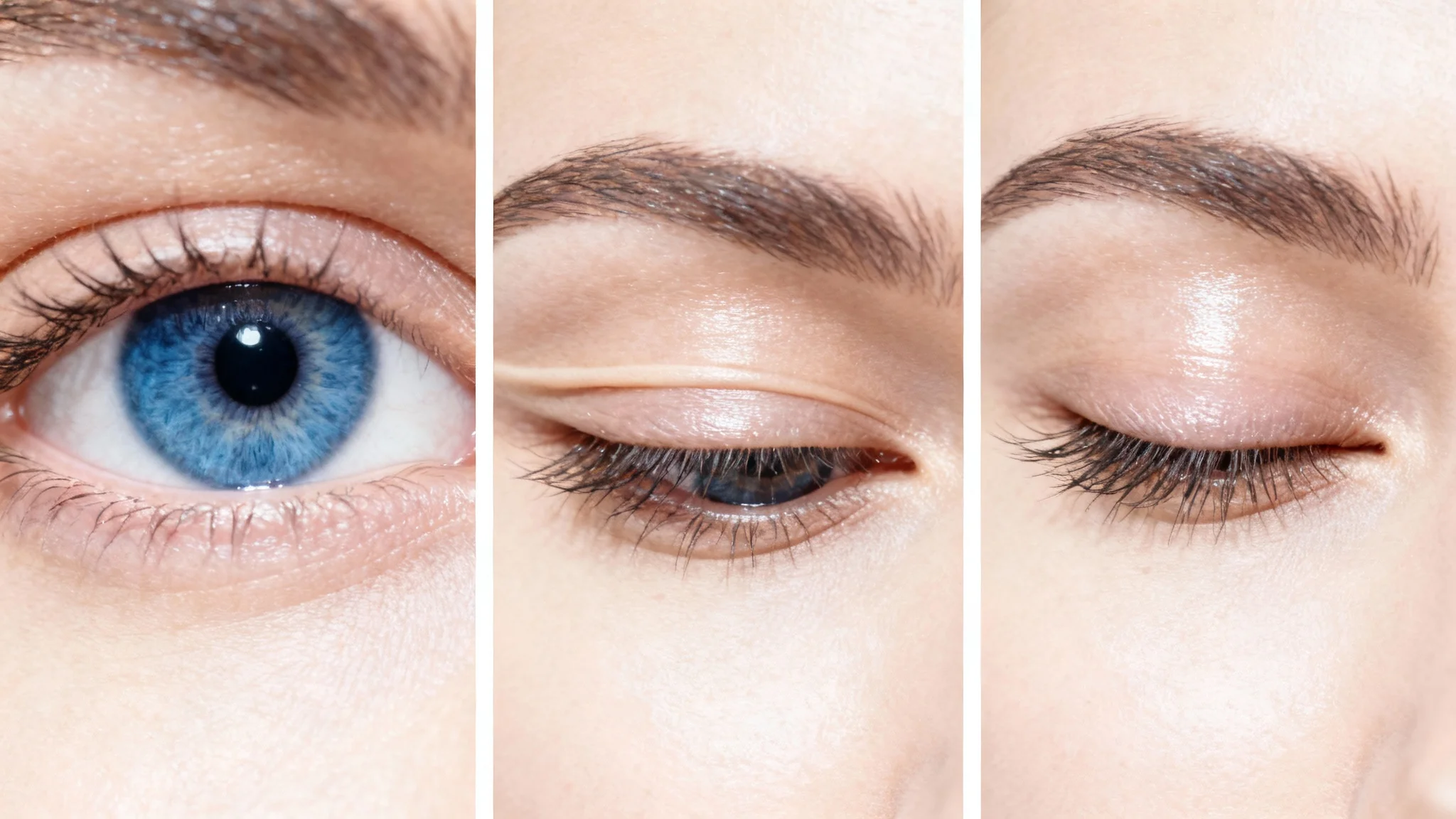 A sequence of three hyper-realistic images showing a close-up of a human eye blinking, from open to half-closed to fully closed, against a plain white background.