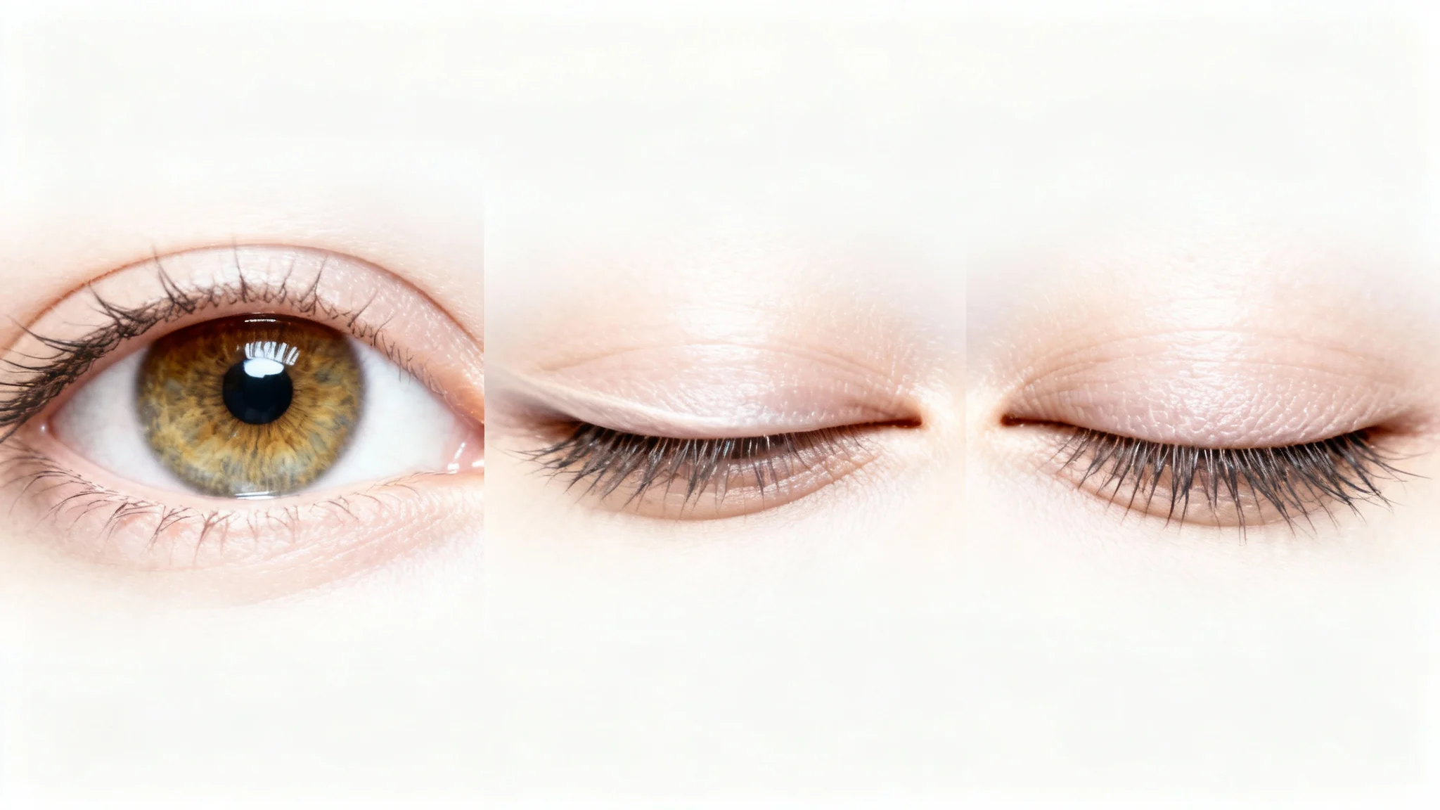 A hyper-realistic sequence of a human eye blinking, displayed in three stages: fully open, halfway closed, and fully closed, set against a plain white background.