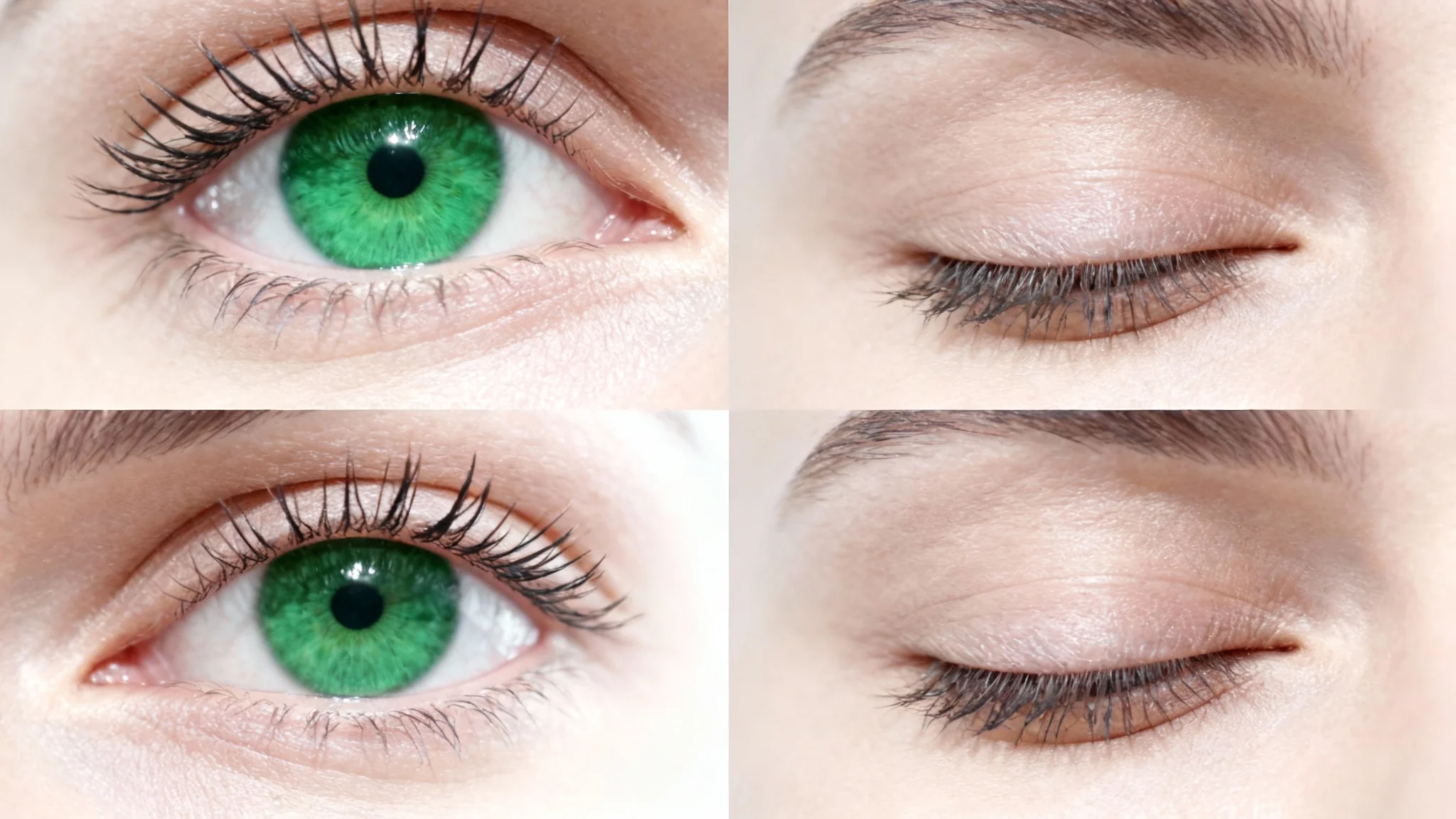 A four-frame storyboard sequence illustrating a human eye blinking. The frames show the eye open, halfway closed, fully closed, and halfway open again, against a clean white background.