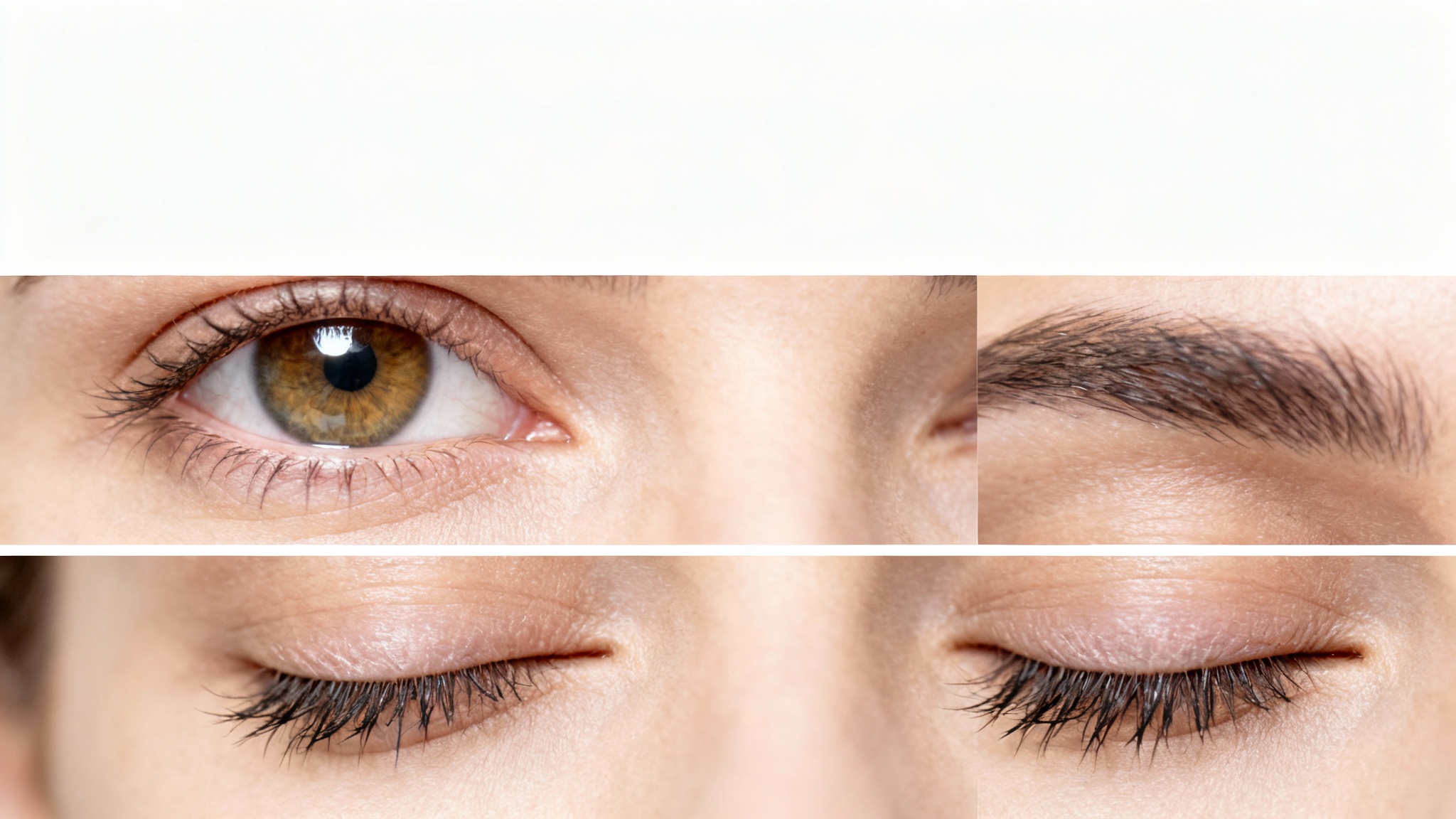 A sequence of three photorealistic frames showing a close-up of a human eye blinking, from fully open to halfway closed to fully shut, representing an animation storyboard.