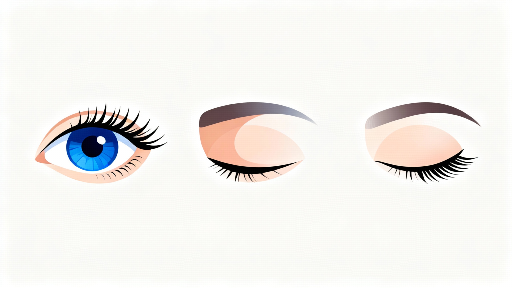 A sequence of three illustrations demonstrating an eye blink animation. The first image shows an eye wide open, the second shows it half-closed, and the third shows it fully closed.