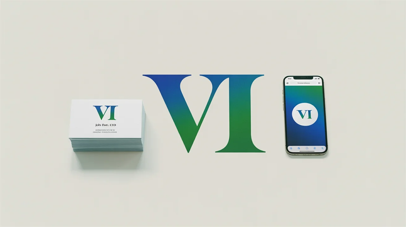 A collection of branded materials created by a logo formatter, including business cards, a smartphone with a website, and a circular icon, all featuring a modern 'VI' logo with a blue and green gradient.
