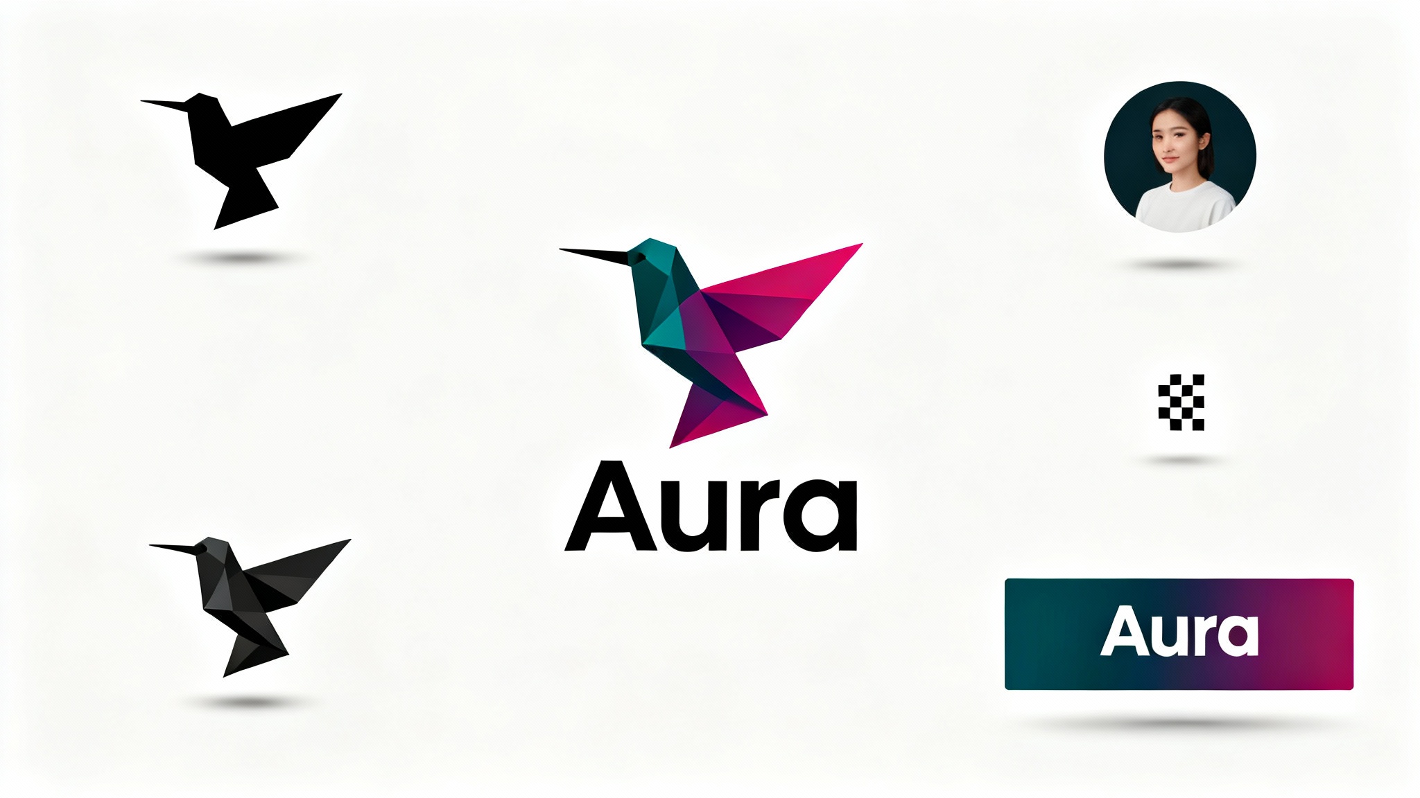 A central logo of a geometric hummingbird surrounded by its variations in different formats, monochrome, circular, favicon, and banner, on a white background, demonstrating a logo formatter.