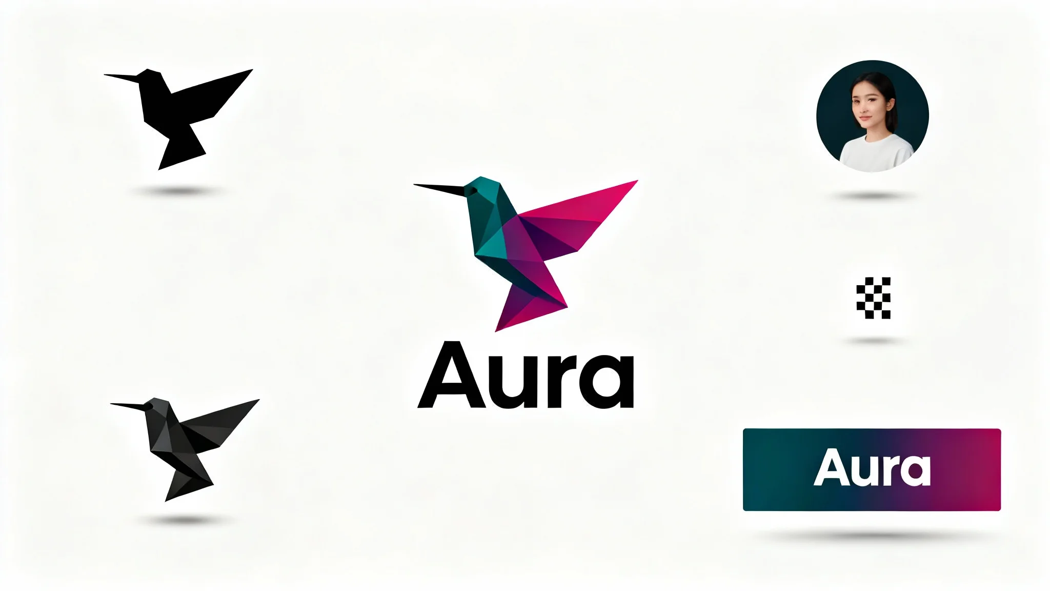 A central logo of a geometric hummingbird surrounded by its variations in different formats, monochrome, circular, favicon, and banner, on a white background, demonstrating a logo formatter.