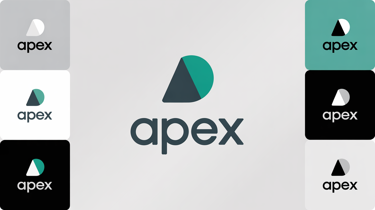 A mockup illustrating a logo formatter, showing a central brand logo for 'APEX' with four variations around it, including monochrome, icon-only, and text-only versions, on a clean white background.