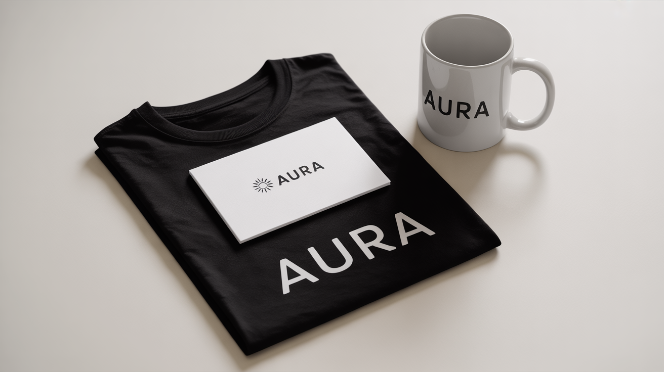 A collection of branded merchandise for a company named 'AURA', laid out on a white background. The items include a t-shirt, coffee mug, and business card, all featuring the same modern logo to illustrate logo formatting.