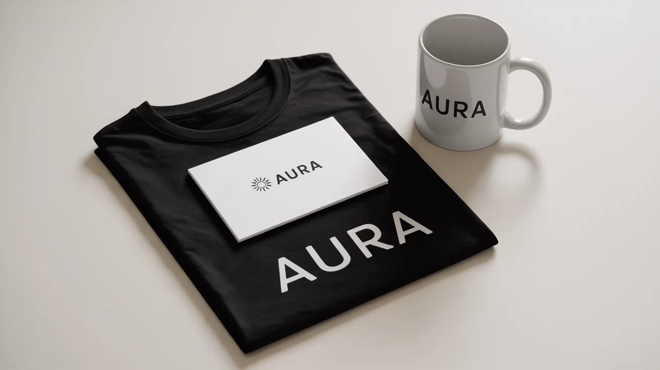 A collection of branded merchandise for a company named 'AURA', laid out on a white background. The items include a t-shirt, coffee mug, and business card, all featuring the same modern logo to illustrate logo formatting.