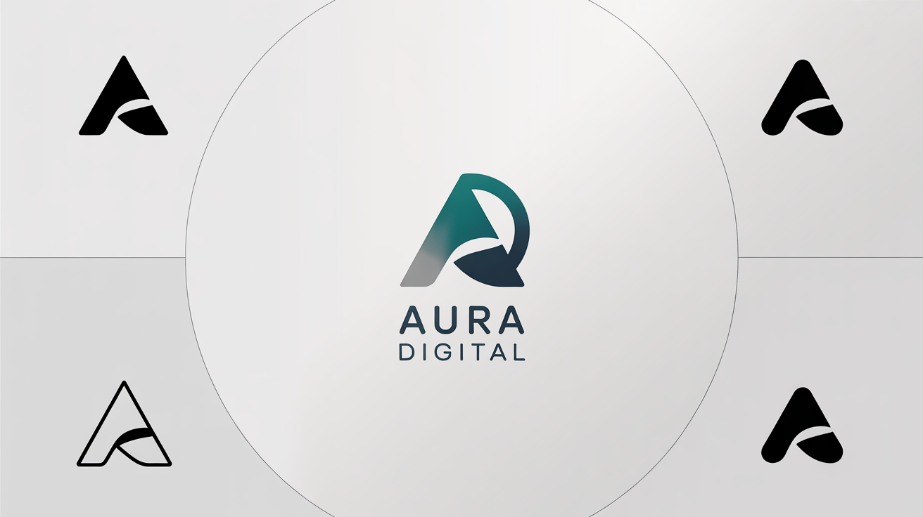 A central logo for 'Aura Digital' in teal and gray, surrounded by smaller variations of the same logo in different formats, such as monochrome and inverted, against a clean white background, illustrating the concept of logo formatting.