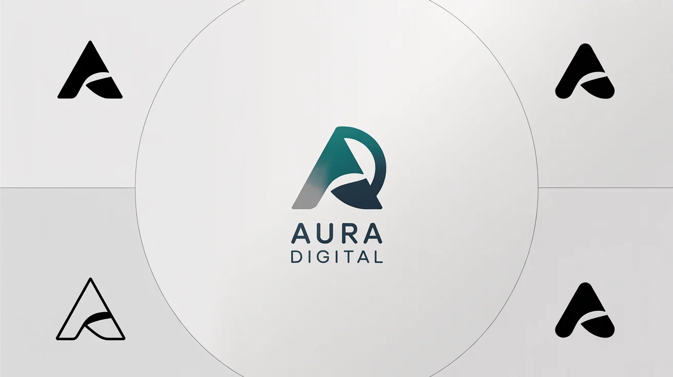 A central logo for 'Aura Digital' in teal and gray, surrounded by smaller variations of the same logo in different formats, such as monochrome and inverted, against a clean white background, illustrating the concept of logo formatting.