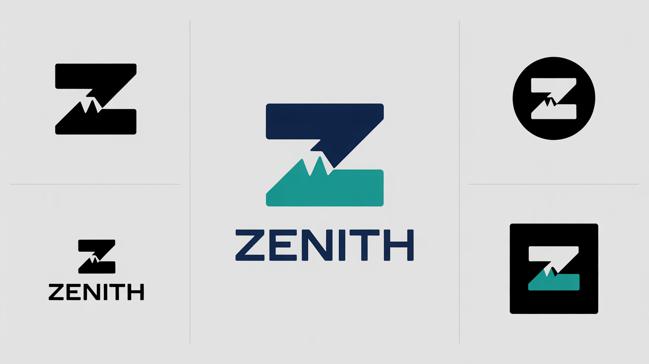 A professional mockup illustrating logo formatting. A central, colorful logo for the brand 'ZENITH' is surrounded by four variations: monochrome, icon-only, logotype-only, and an inverted color version, all on a clean white background.