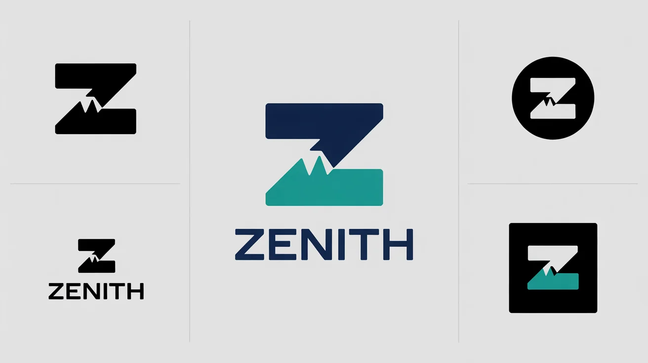 A professional mockup illustrating logo formatting. A central, colorful logo for the brand 'ZENITH' is surrounded by four variations: monochrome, icon-only, logotype-only, and an inverted color version, all on a clean white background.