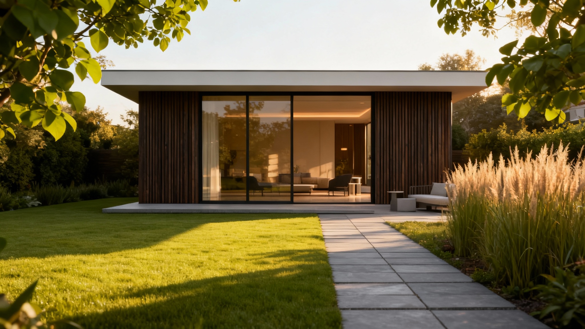 A photorealistic image of a modern backyard shed with dark wood siding and large glass doors, set in a lush garden during sunset.