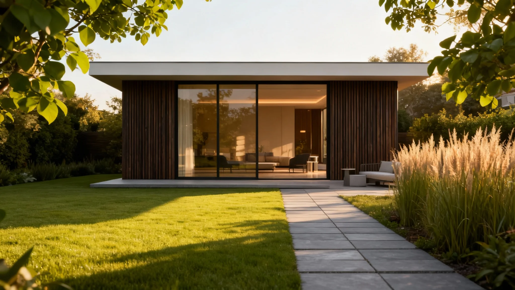 A photorealistic image of a modern backyard shed with dark wood siding and large glass doors, set in a lush garden during sunset.