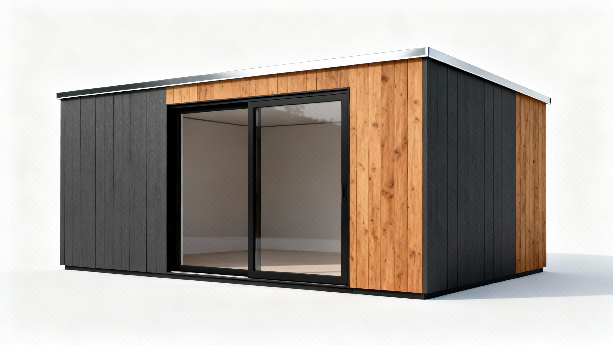 A photorealistic mockup of a modern shed with charcoal gray panels, cedar wood accents, and a large glass door, set against a plain white background.