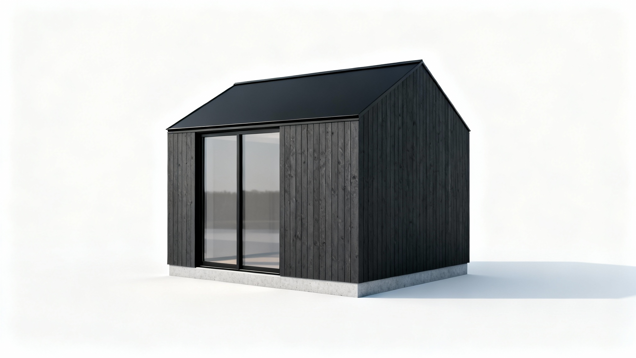 A photorealistic mockup of a modern shed with dark wood siding and a large glass front, displayed against a clean white background.