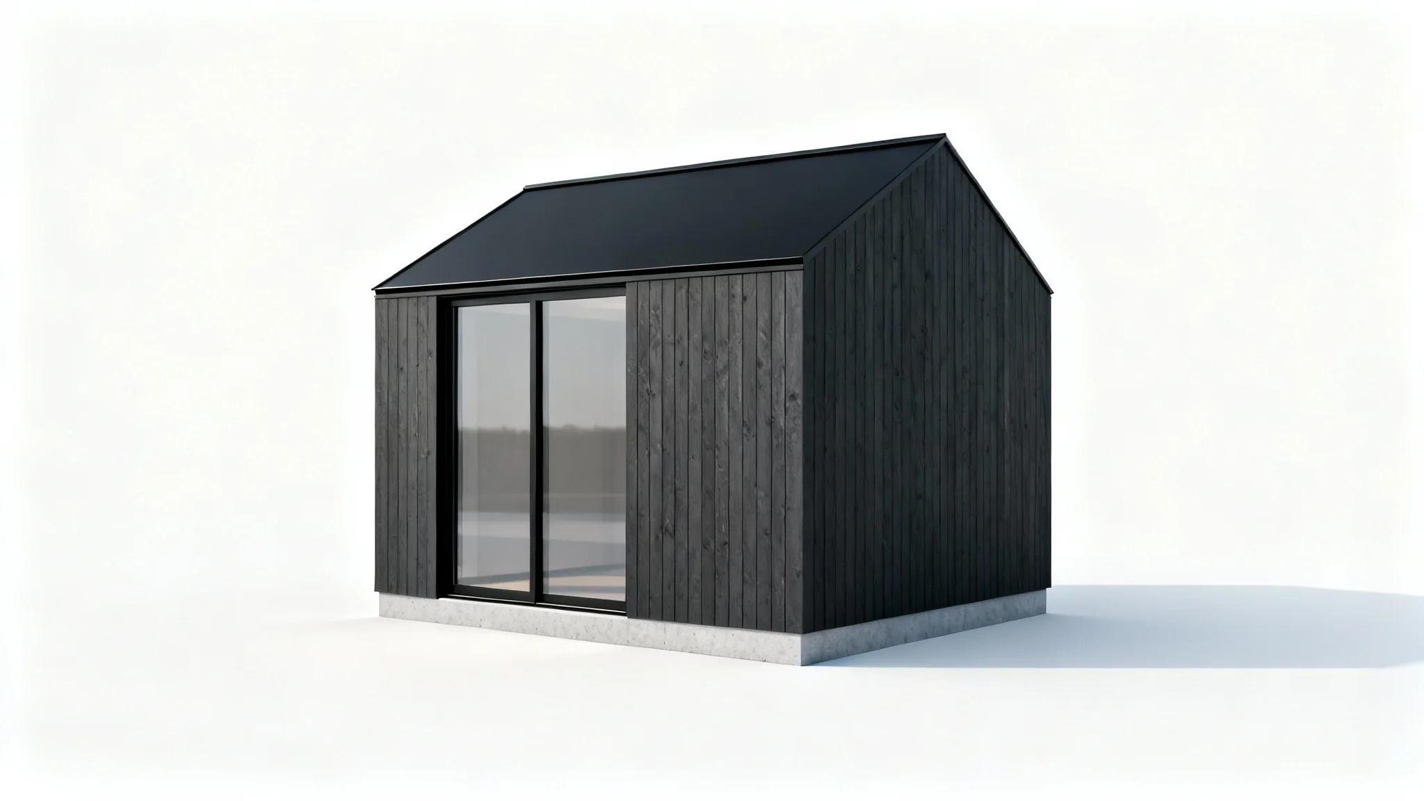 A photorealistic mockup of a modern shed with dark wood siding and a large glass front, displayed against a clean white background.
