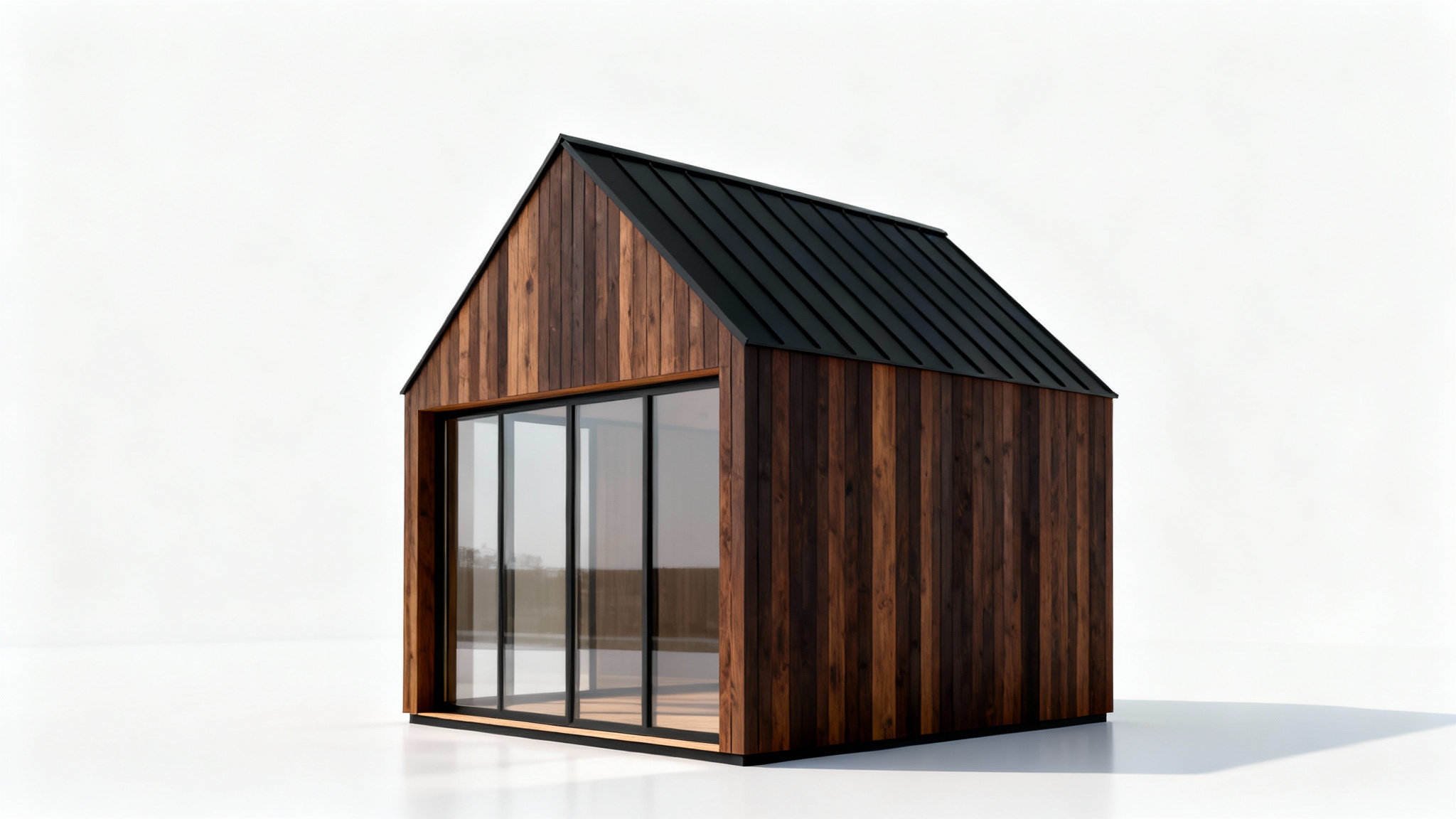 A photorealistic mockup of a modern shed with dark wood siding, a large glass wall, and a black metal roof, presented against a clean white background.